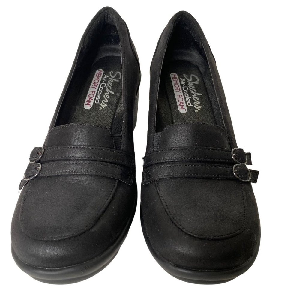 SKECHERS WOMENS BLACK RUMBLERS SLIP ON LOAFERS 2" WEDGES AIR COOLED MEMORY FOAM